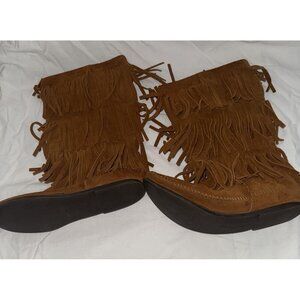 Minnetonka Moccasin Boots 3 Layer Fringe Suede Leather Brown Womens Size 10 Boho